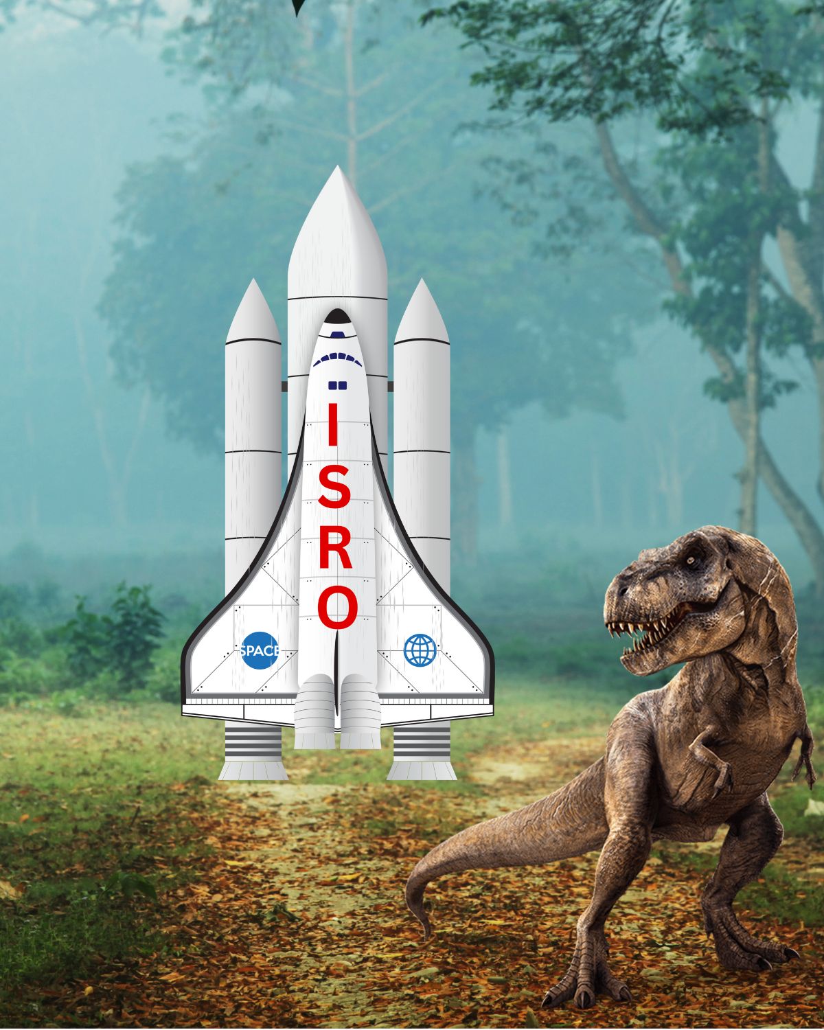 Satellite Launch with Dinosaur - Boy's Crew Neck T-Shirt