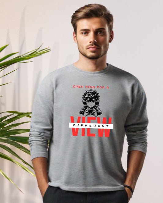 Printed Grey Melange Full Sleeve T-Shirt